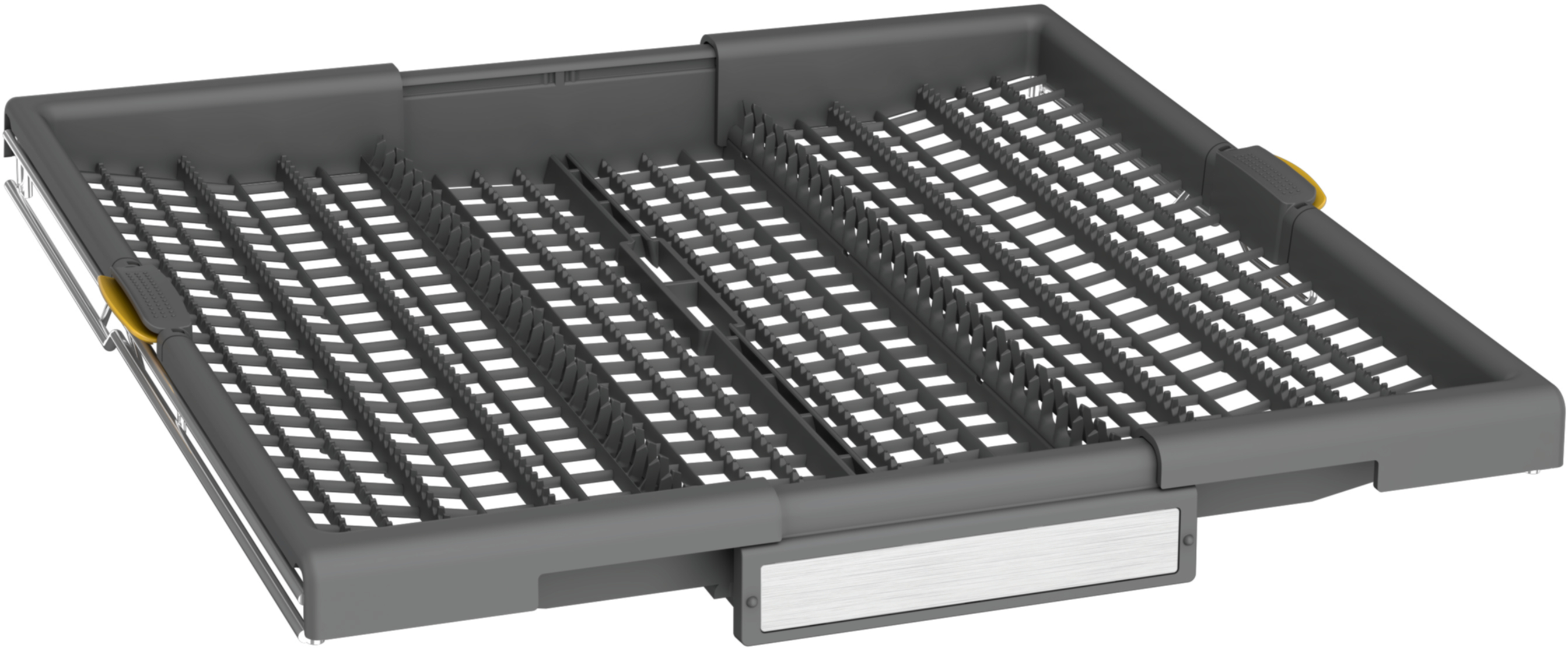 Szary kosz na naczynia ze zmywarki z wieloma przegródkami.