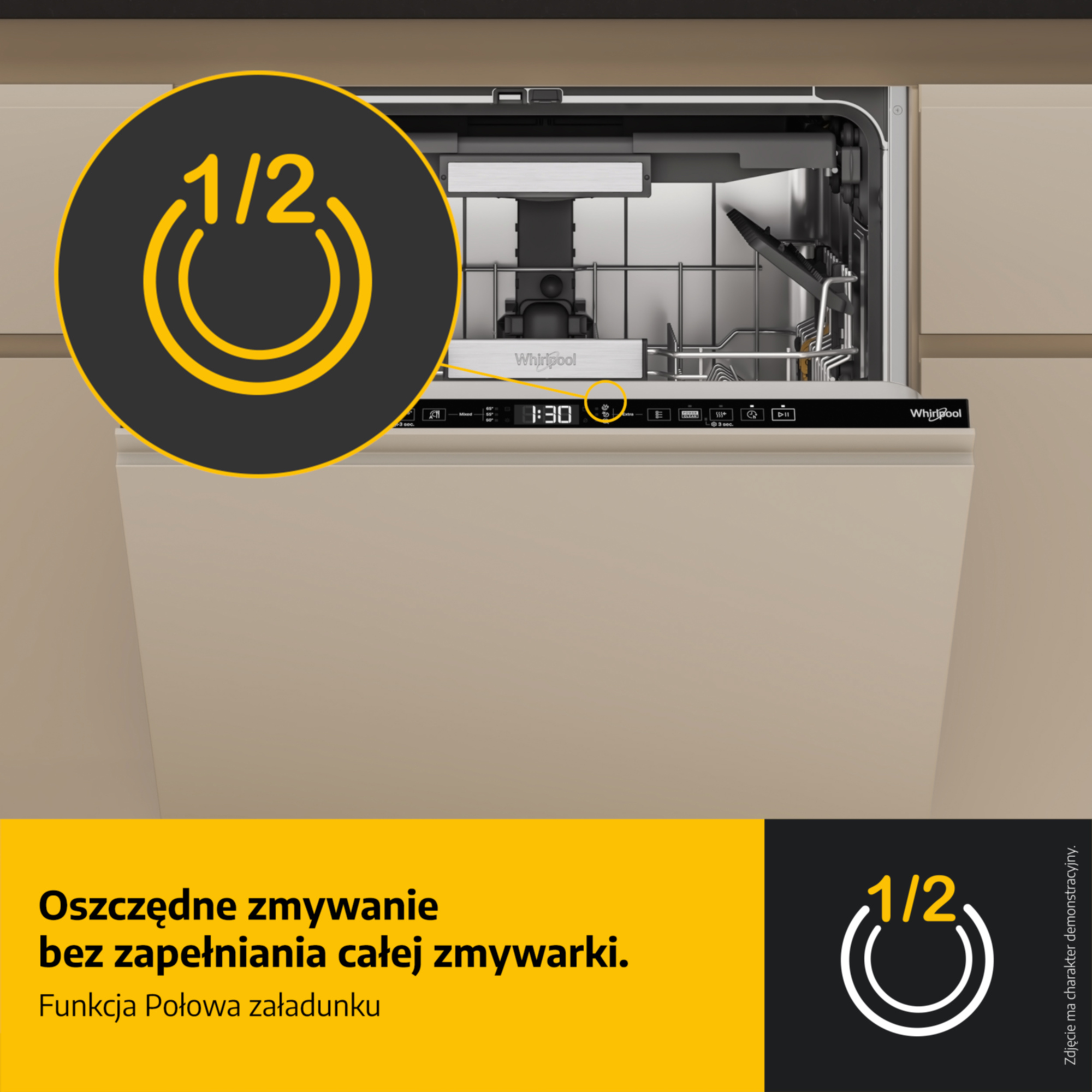 Otwarta zmywarka z symbolami i tekstem. Ikona połowy załadunku.