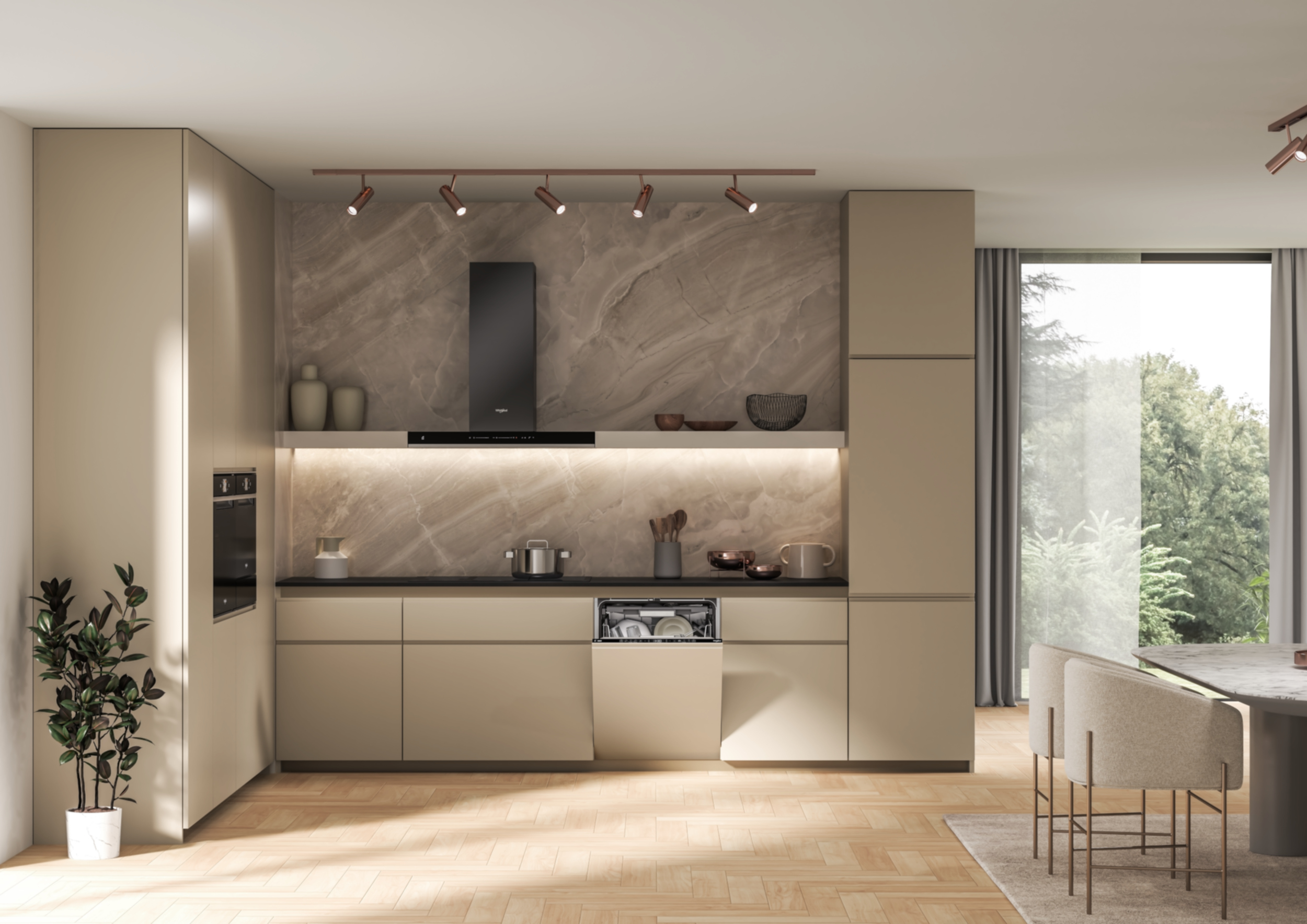 Nowoczesna beżowa kuchnia z marmurowym backsplashiem, urządzeniami i miejscem do siedzenia.