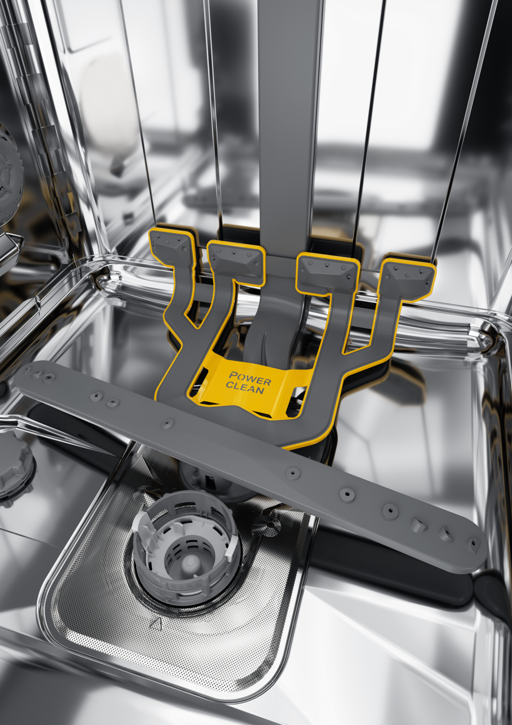 Wnętrze zmywarki z żółtym elementem 