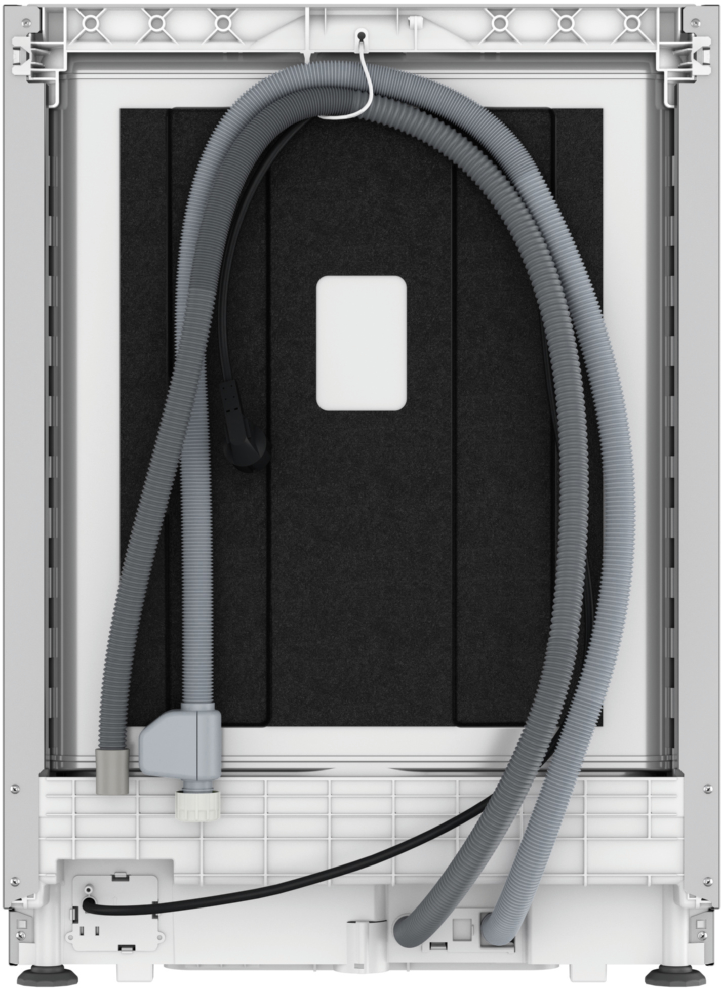 Tył urządzenia z szarymi wężami, czarną izolacją i białym pudełkiem.