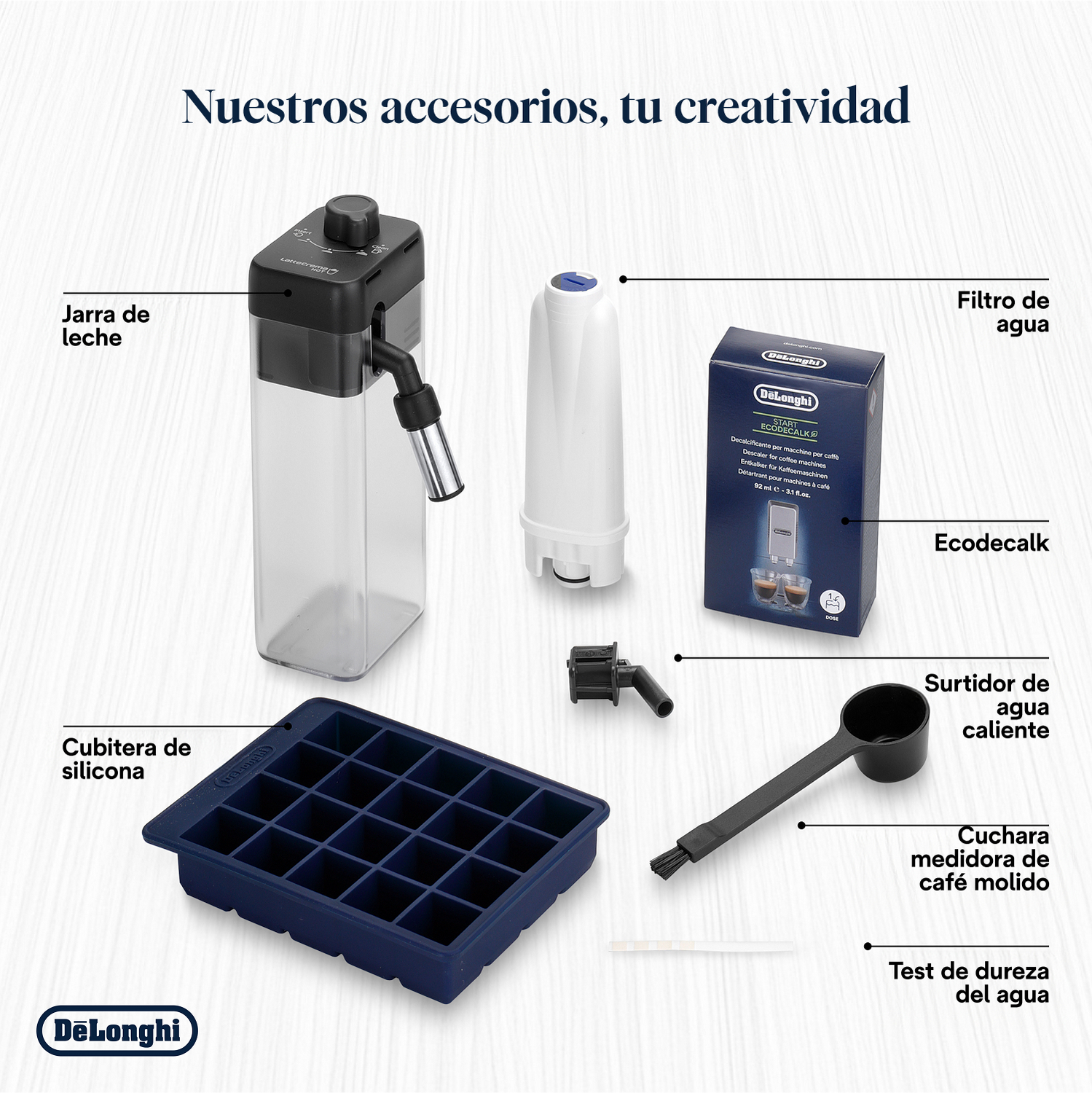 Accesorios cafetera DeLonghi: jarra leche, cubitera, filtro agua, descalcificador, surtidor agua caliente, cuchara, test dureza.