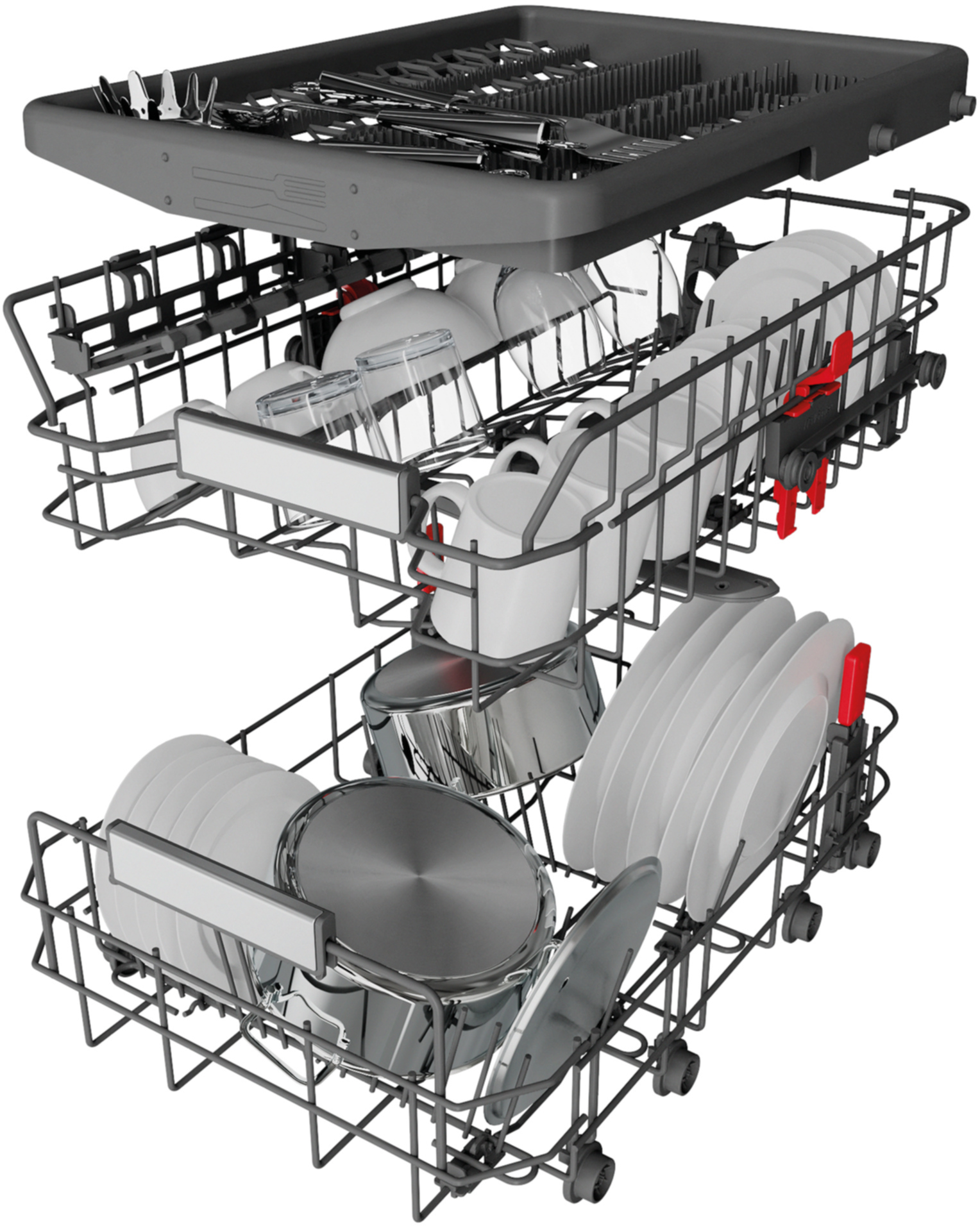 Zmywarka z dwoma koszami wypełnionymi białymi naczyniami, szklankami i naczyniami kuchennymi.