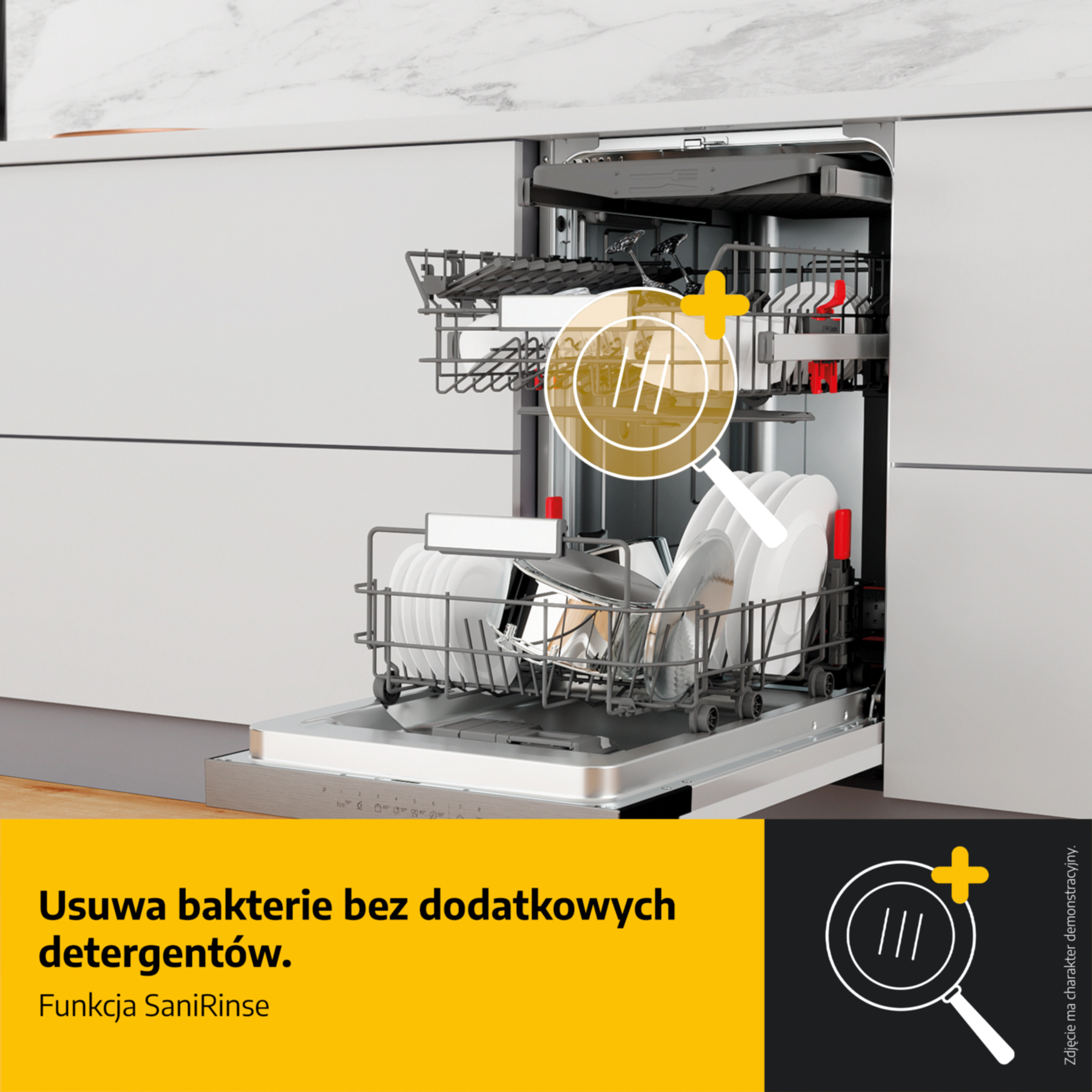 Wnętrze zmywarki z pełnymi koszami naczyń i szklanek, podkreślające higienę.