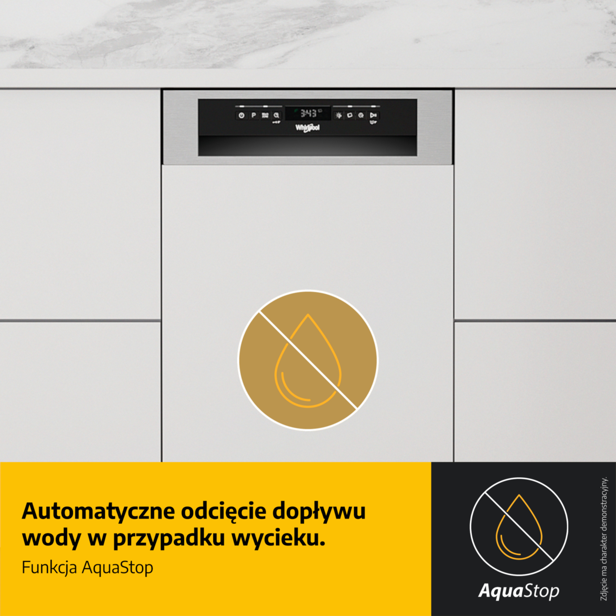 Panel sterowania zmywarki z symbolem i tekstem "AquaStop".