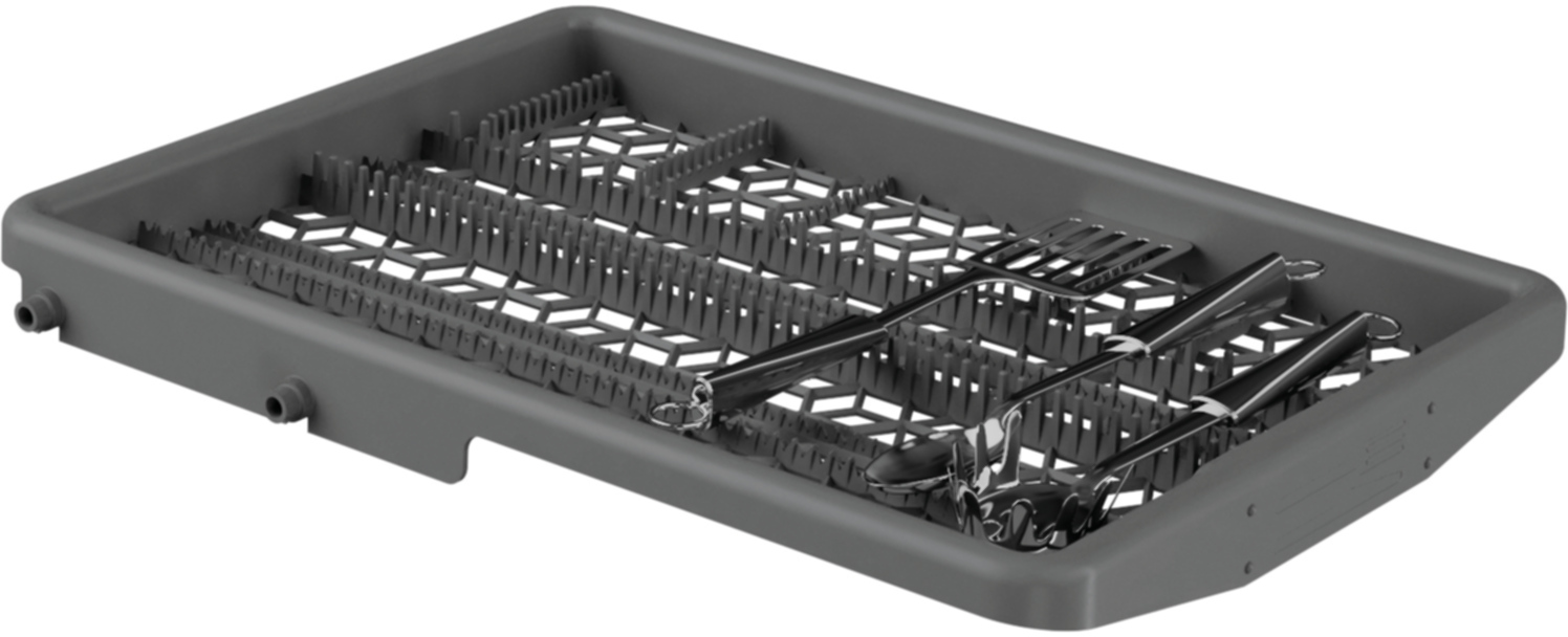 Szary kosz zmywarki ze sztućcami i przyborami kuchennymi.