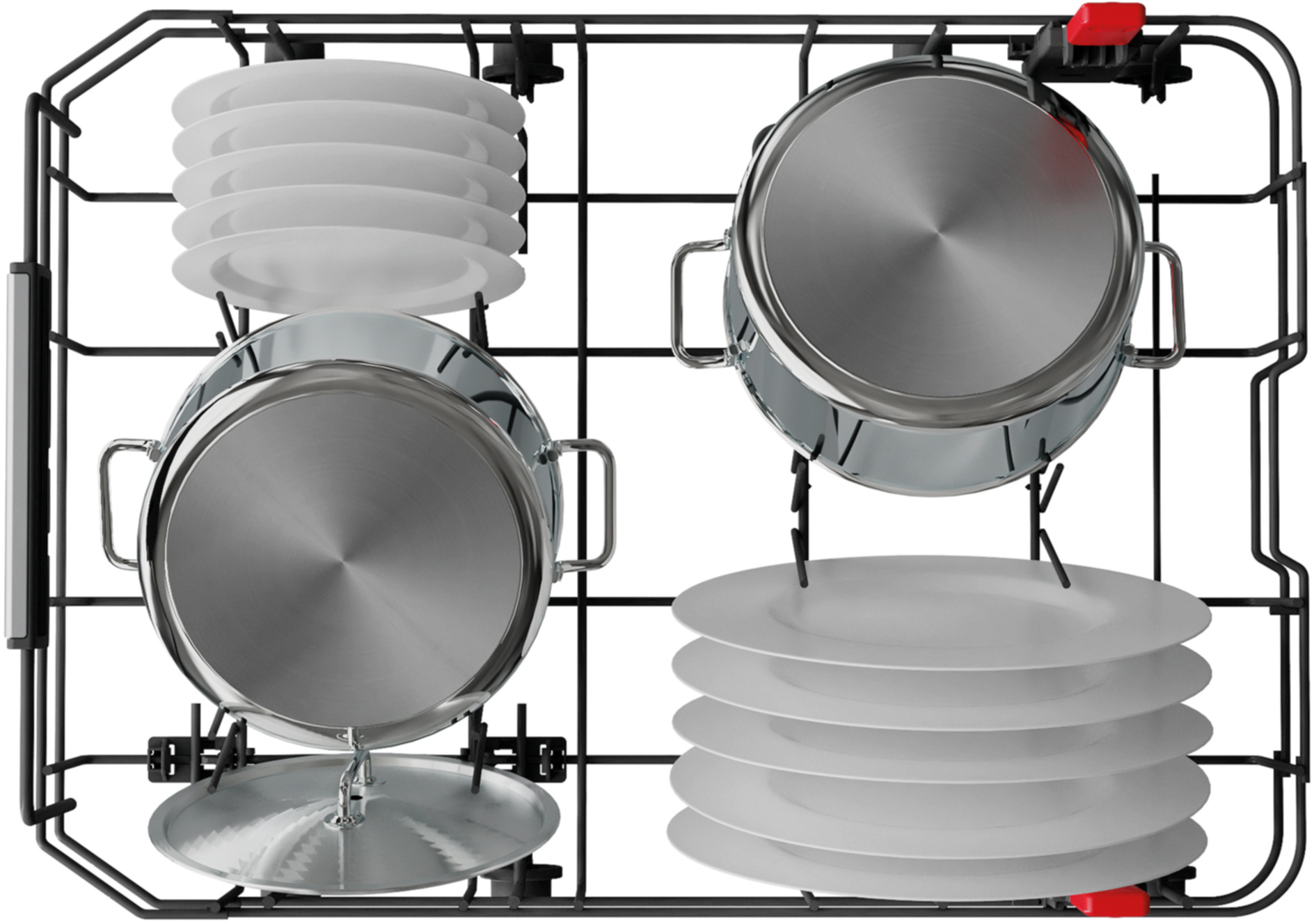 Naczynia w zmywarce: Talerze i garnki na rusztach.
