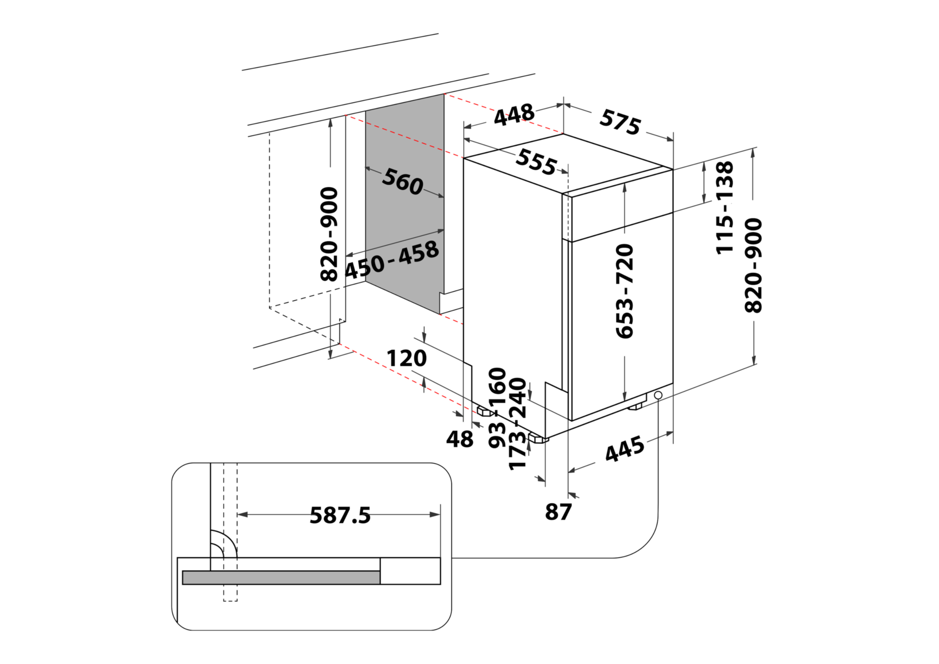 Rysunek techniczny zmywarki z wymiarami montażowymi i gabarytowymi.