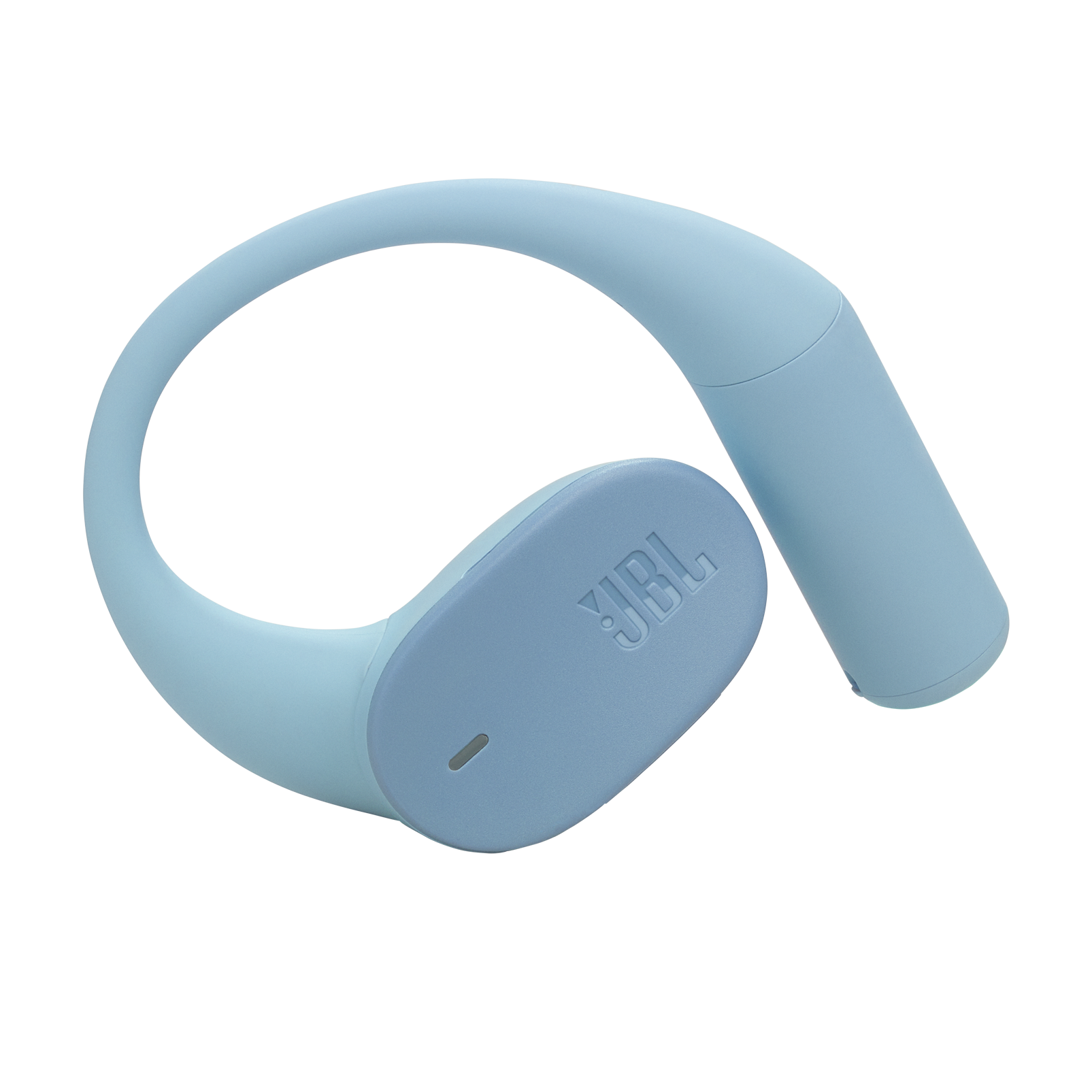 Boyun bandı ve kulak kancalı, açık mavi bir JBL kulaklık seti.