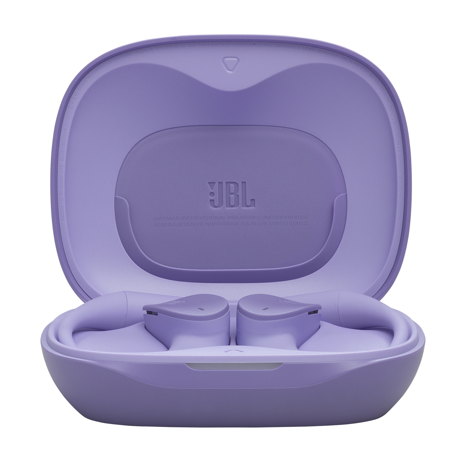 Açık şarj kutusunda mor JBL kulaklıklar. JBL logosu ve yazısı görünüyor.