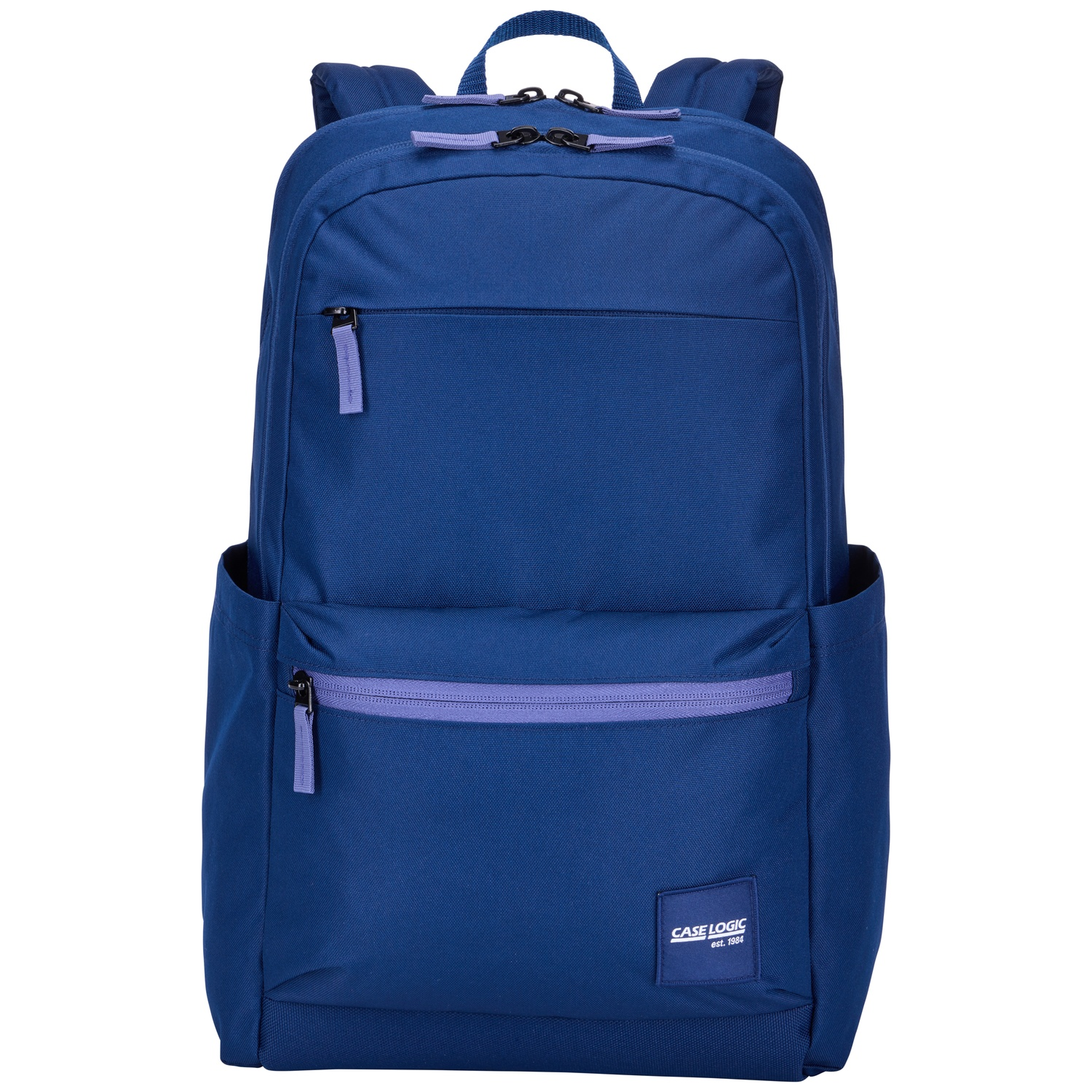 A blue backpack with purple zippers and side pockets.