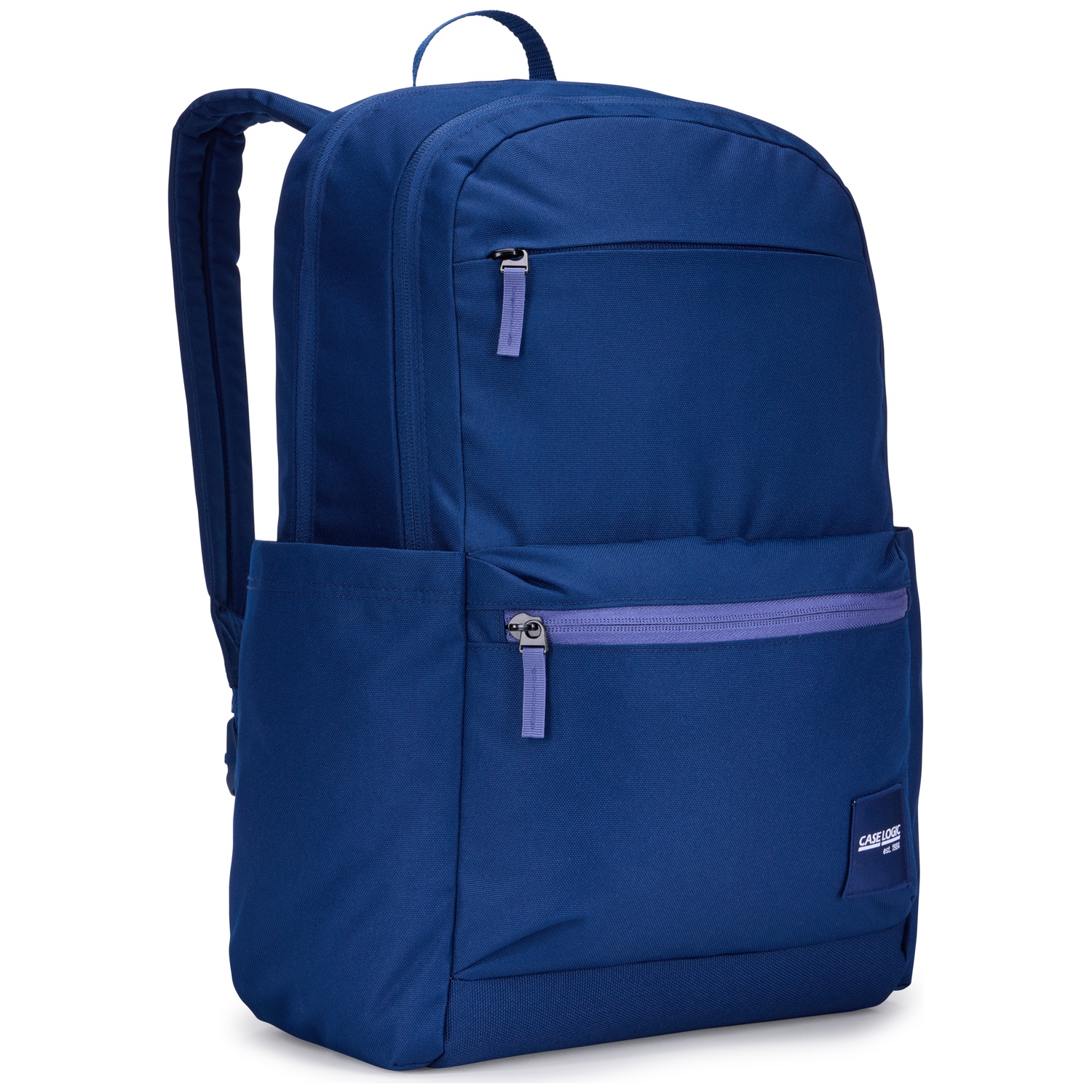 A blue backpack with two zippered pockets and a side mesh pocket.