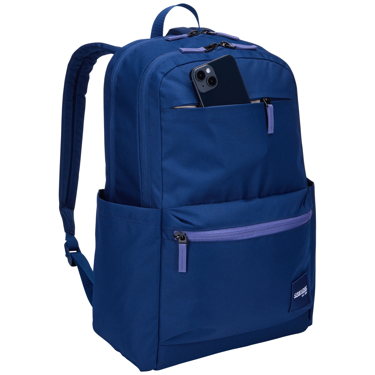 A dark blue backpack with a smartphone in a front pocket.
