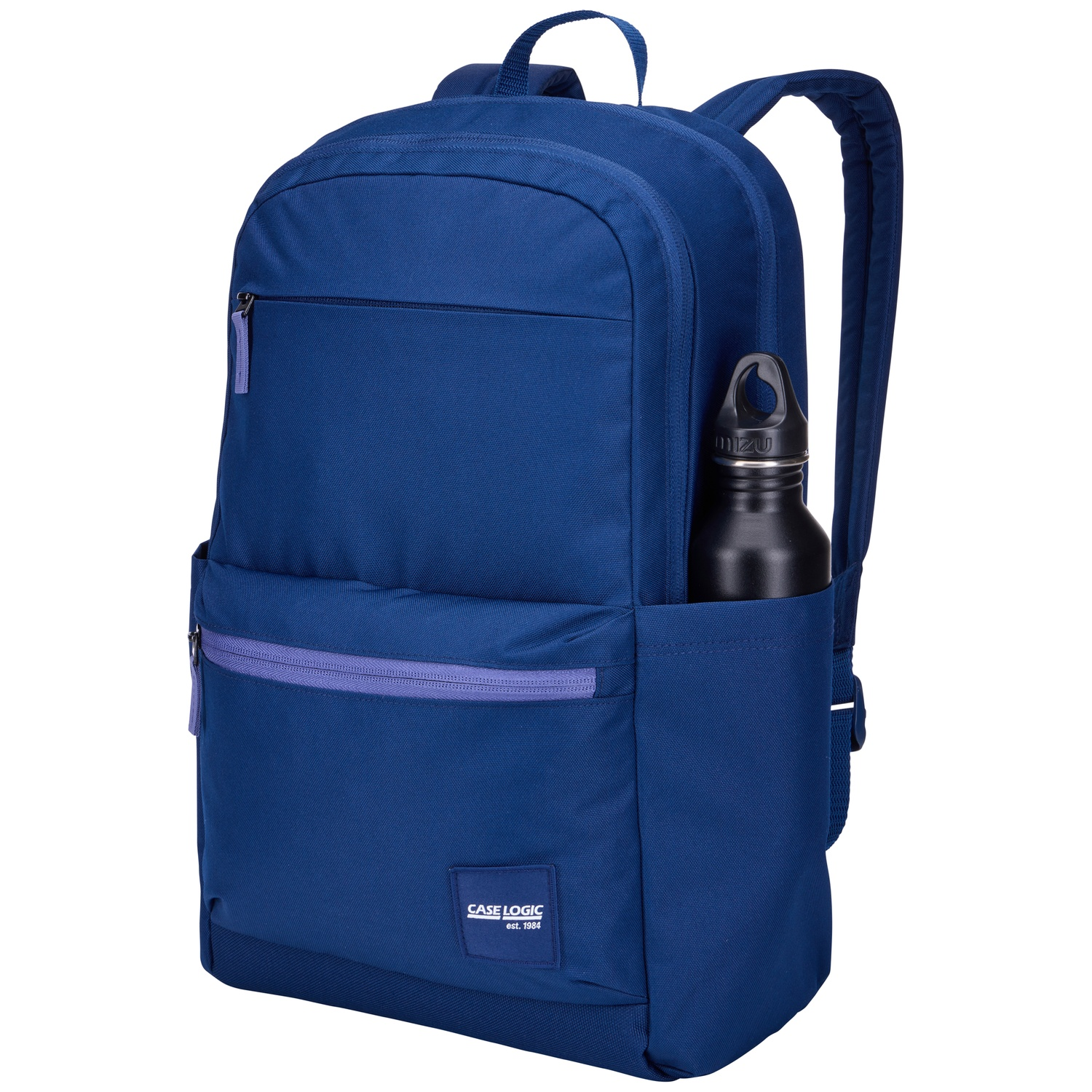 A blue backpack with a black water bottle in its side pocket.