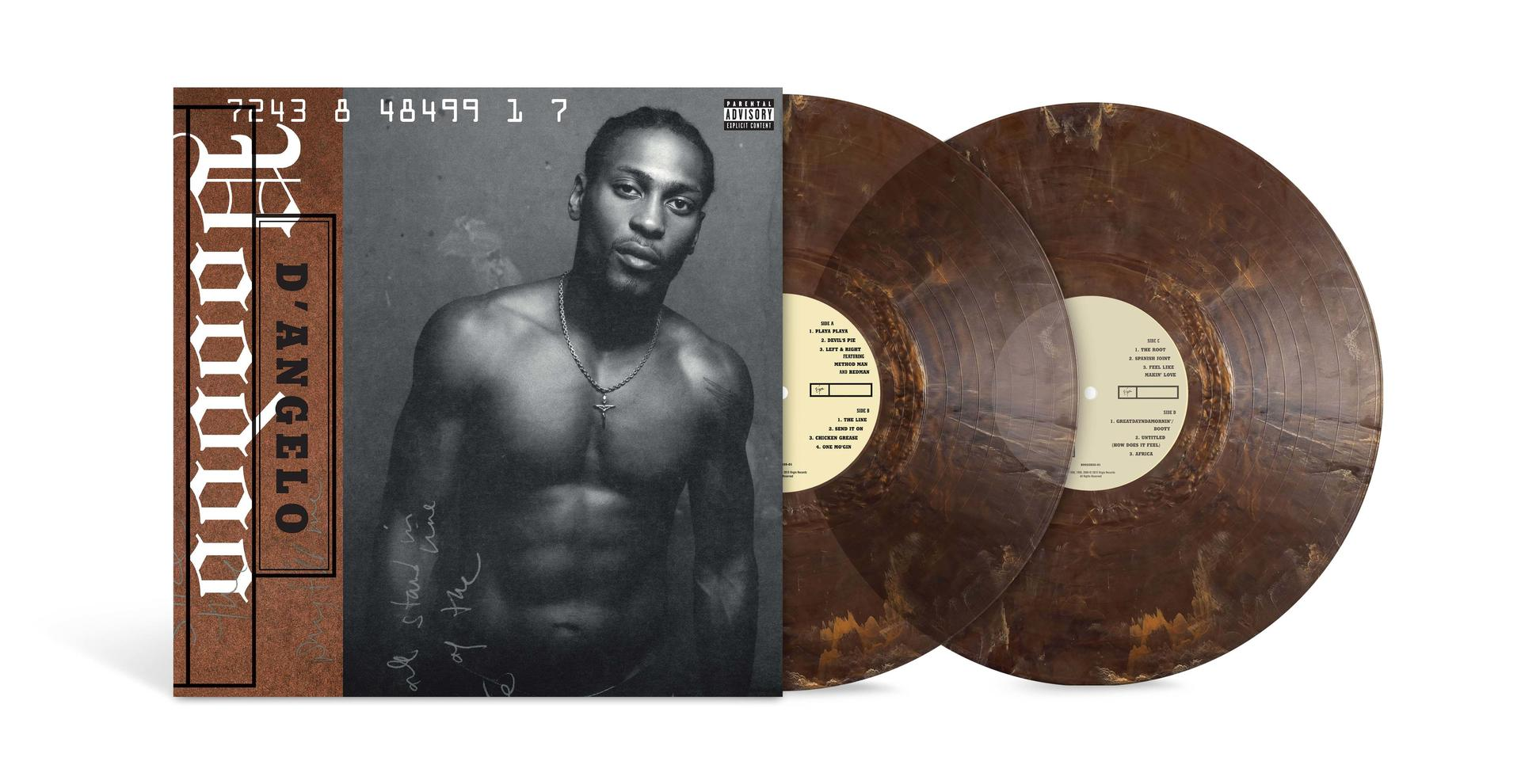 Albumcover mit D'Angelo und zwei braunen Schallplatten. Schwarz-Weiß-Porträt.