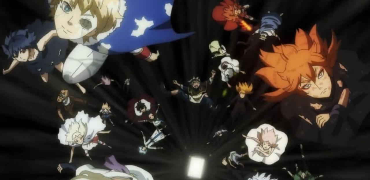 Viele anime-Charaktere mit verschiedenen Frisuren und Outfits fallen in einen dunklen Raum.