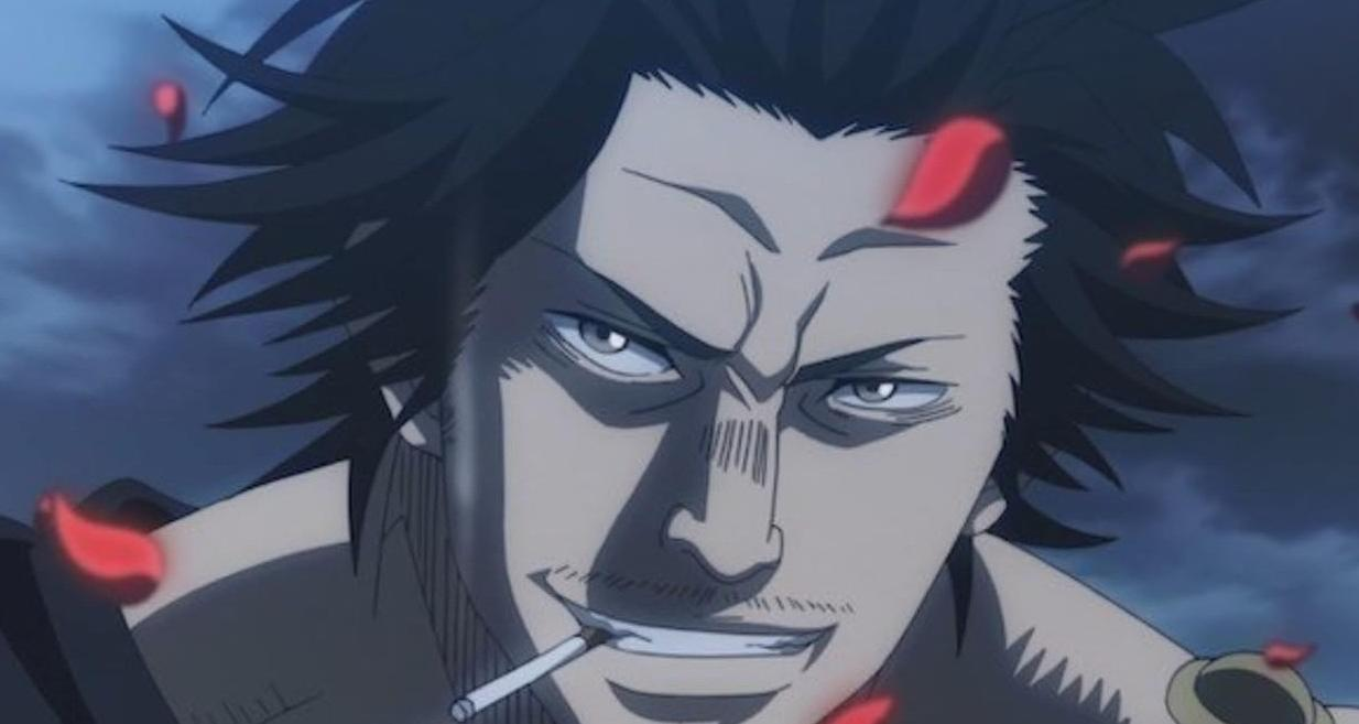 Ein Anime-Mann mit schwarzen Haaren und Rauch im Mund raucht eine Zigarette.