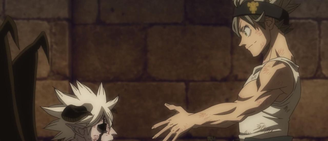 Zwei anime-Charaktere mit weißem Haar vor Ziegelwand. Einer hat Hörner und Flügel.