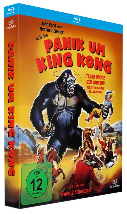 Ein Gorilla hält eine Frau, Männer auf Pferden umringen ihn. Blu-ray Cover.