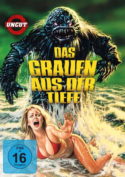 Ein Monster greift eine Frau im Wasser an. Der Titel ist 'Das Grauen aus der Tiefe'.