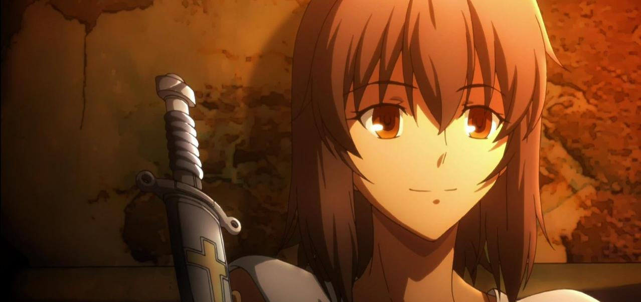 Anime-Mädchen mit Schwert, braunen Haaren und orangefarbenen Augen.