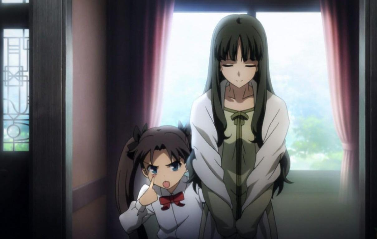 Zwei anime-Mädchen stehen vor einem Fenster. Das linke hält einen Finger an die Wange.