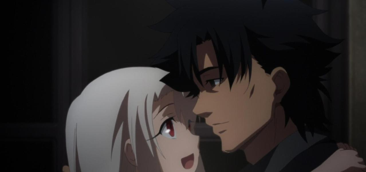 Anime-Charaktere: Ein Mann mit dunklem Haar umarmt ein blasses Mädchen mit weißen Haaren.