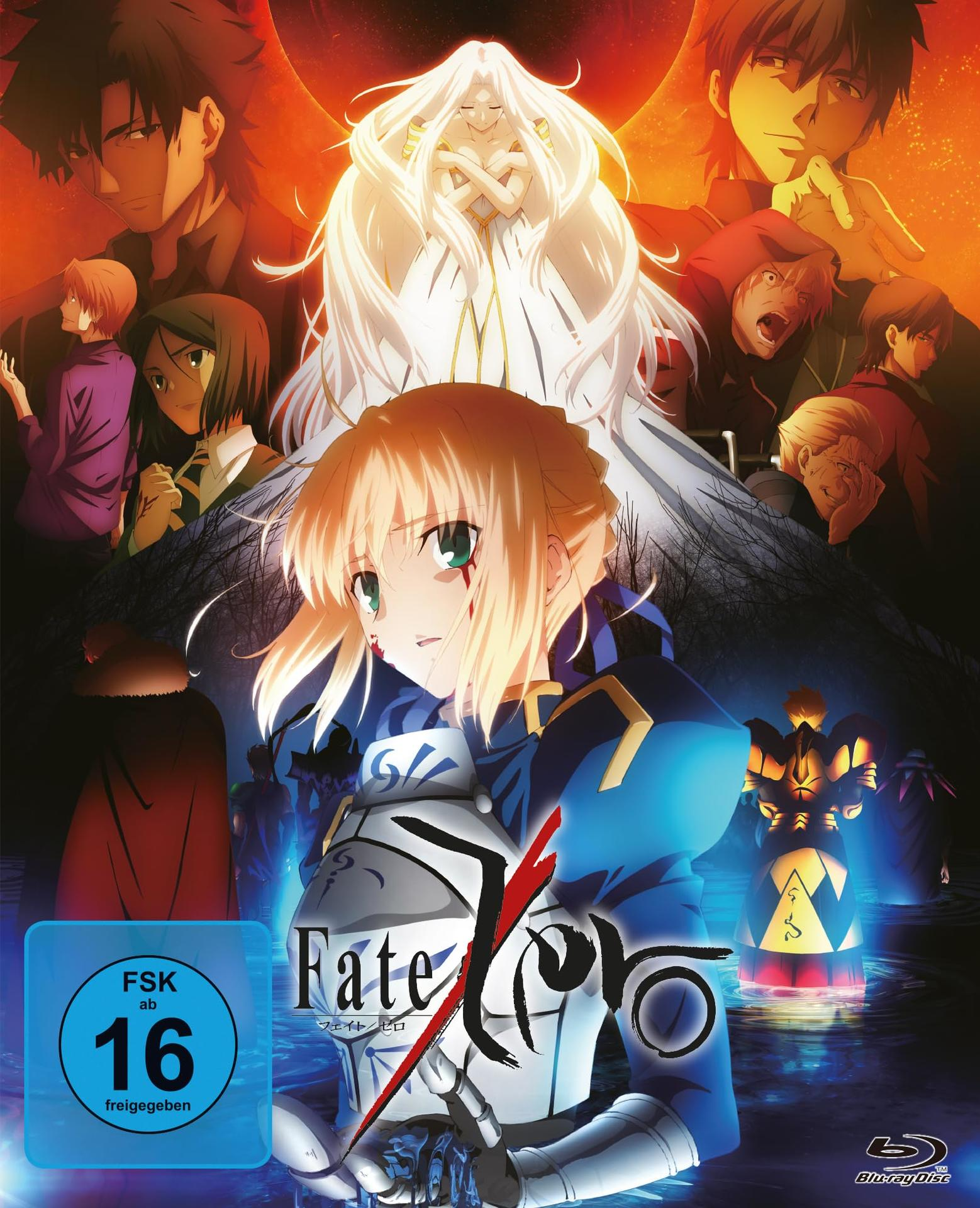 Anime-Poster mit mehreren Charakteren, Saber im Vordergrund, FSK 16 Siegel.