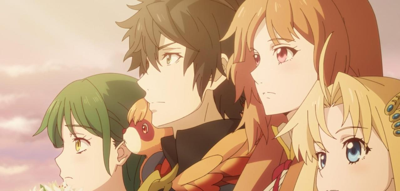 Vier anime-Charaktere mit unterschiedlichen Haarfarben stehen nebeneinander, mit einem Himmel im Hintergrund.