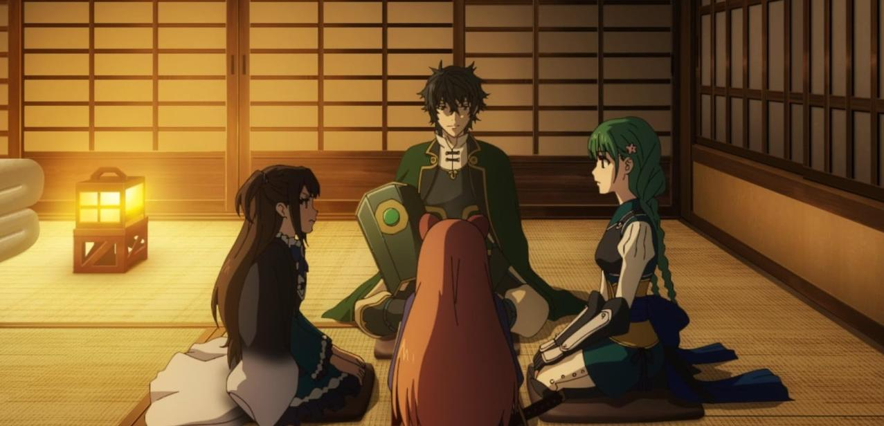 Vier Anime-Figuren sitzen auf dem Boden vor einer japanischen Schiebetür.