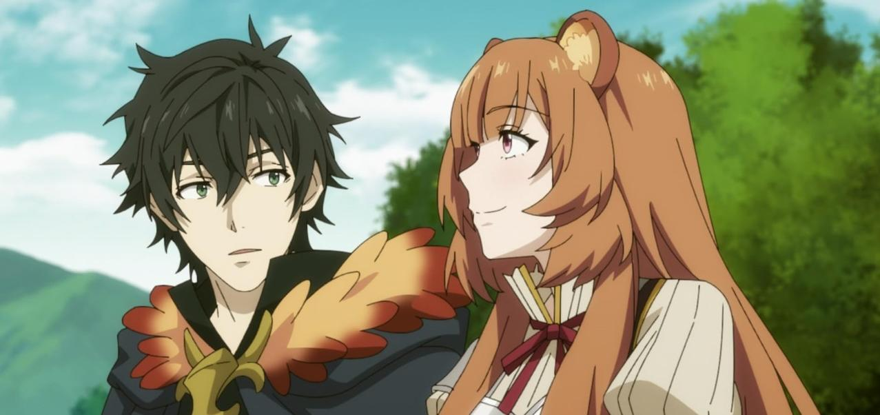 Ein Anime-Paar, Mann mit dunklem Haar, Frau mit braunem Haar und Ohren, im Freien.