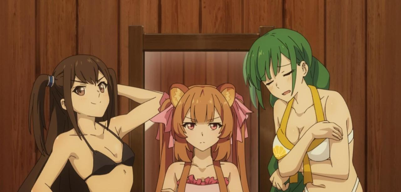 Drei Anime-Mädchen in Bikinis vor Holzwänden.