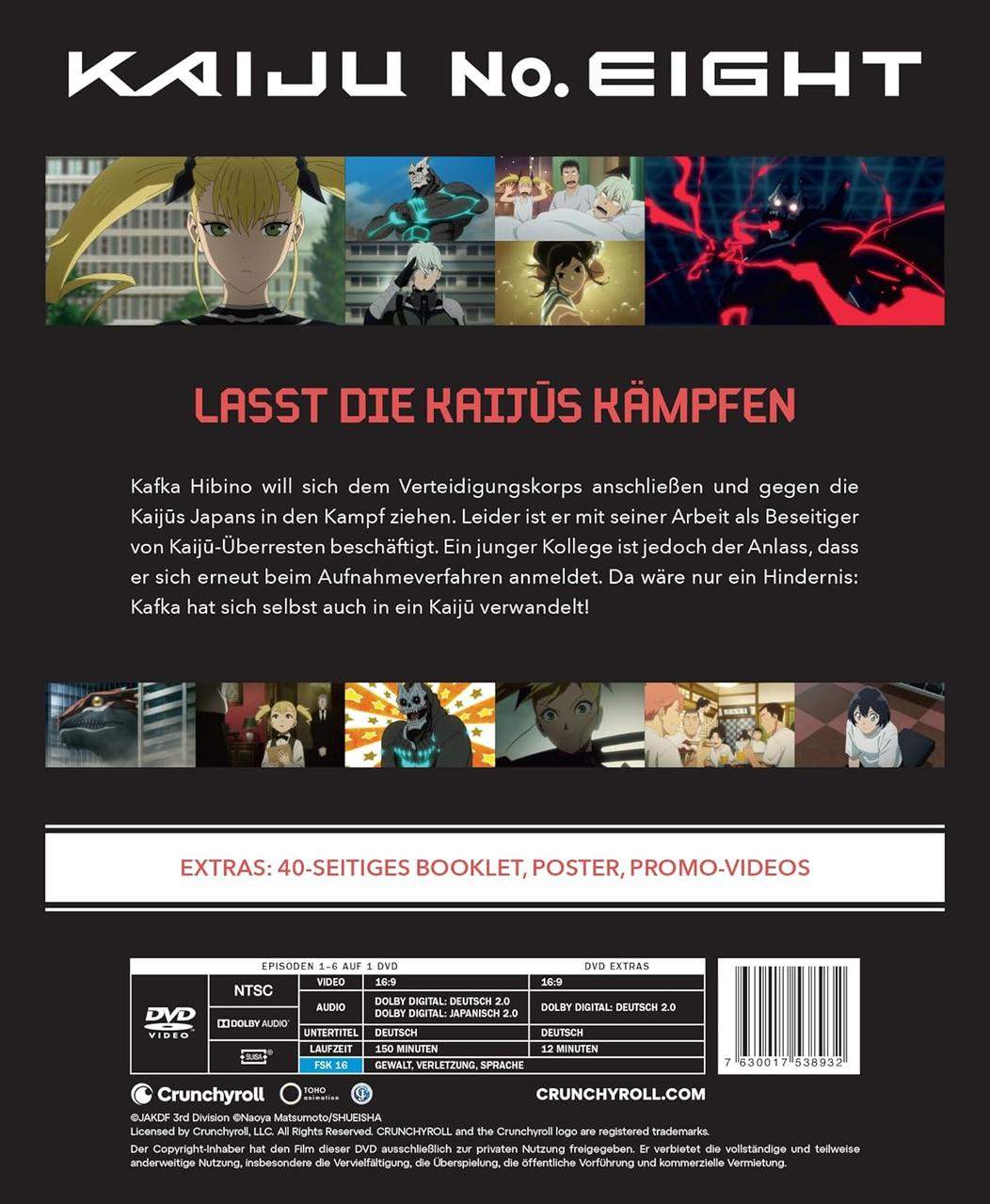 Anime DVD-Cover mit Titel 'Kaiju No. Eight', Szenen und Text.