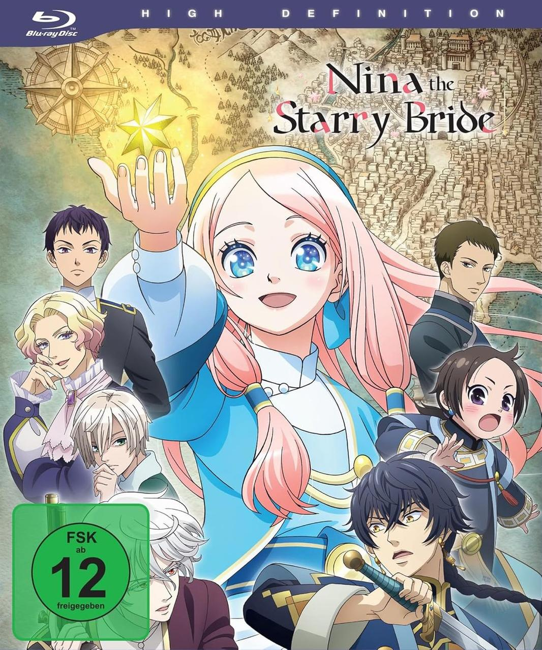 Anime-Cover mit Nina, die einen Stern hält, vor einer Karte und vielen Charakteren.