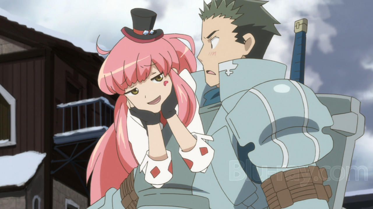 Ein anime-artiges Paar in Winterkleidung, eine Frau mit rosa Haaren und ein Mann mit Rüstung.