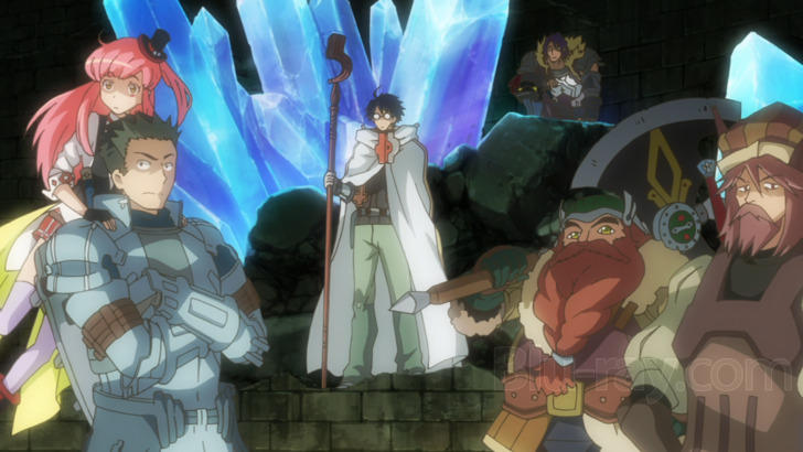 Eine Gruppe von Fantasy-Charakteren steht vor riesigen blauen Kristallen.