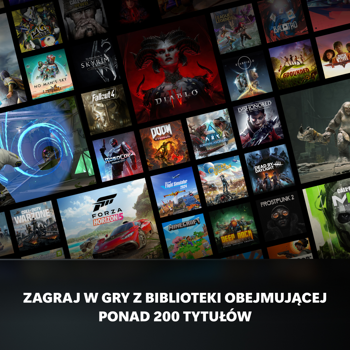 Kolaż okładek gier wideo, w tym Diablo, Forza Horizon 5, Minecraft i inne.