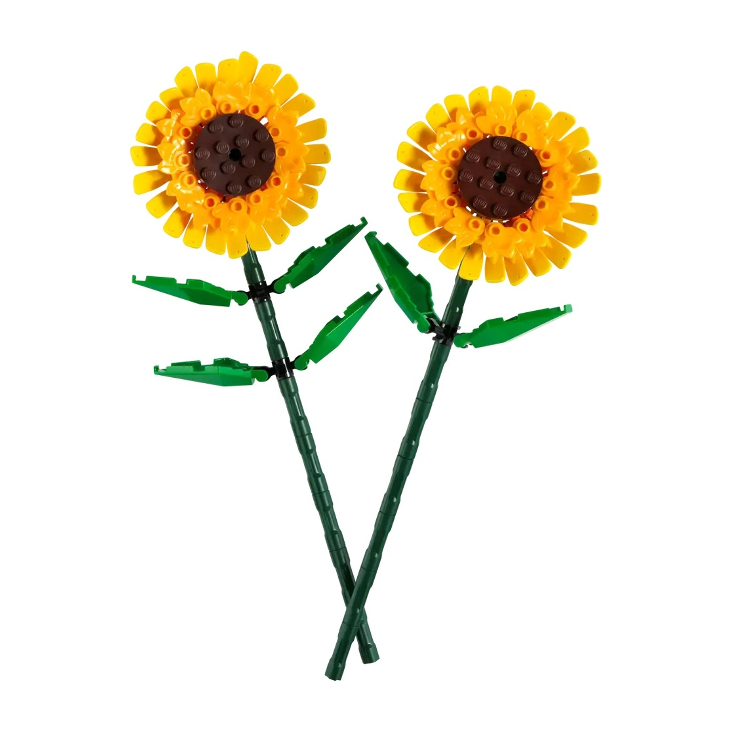 Due girasoli giocattolo gialli con centri marroni e steli verdi.