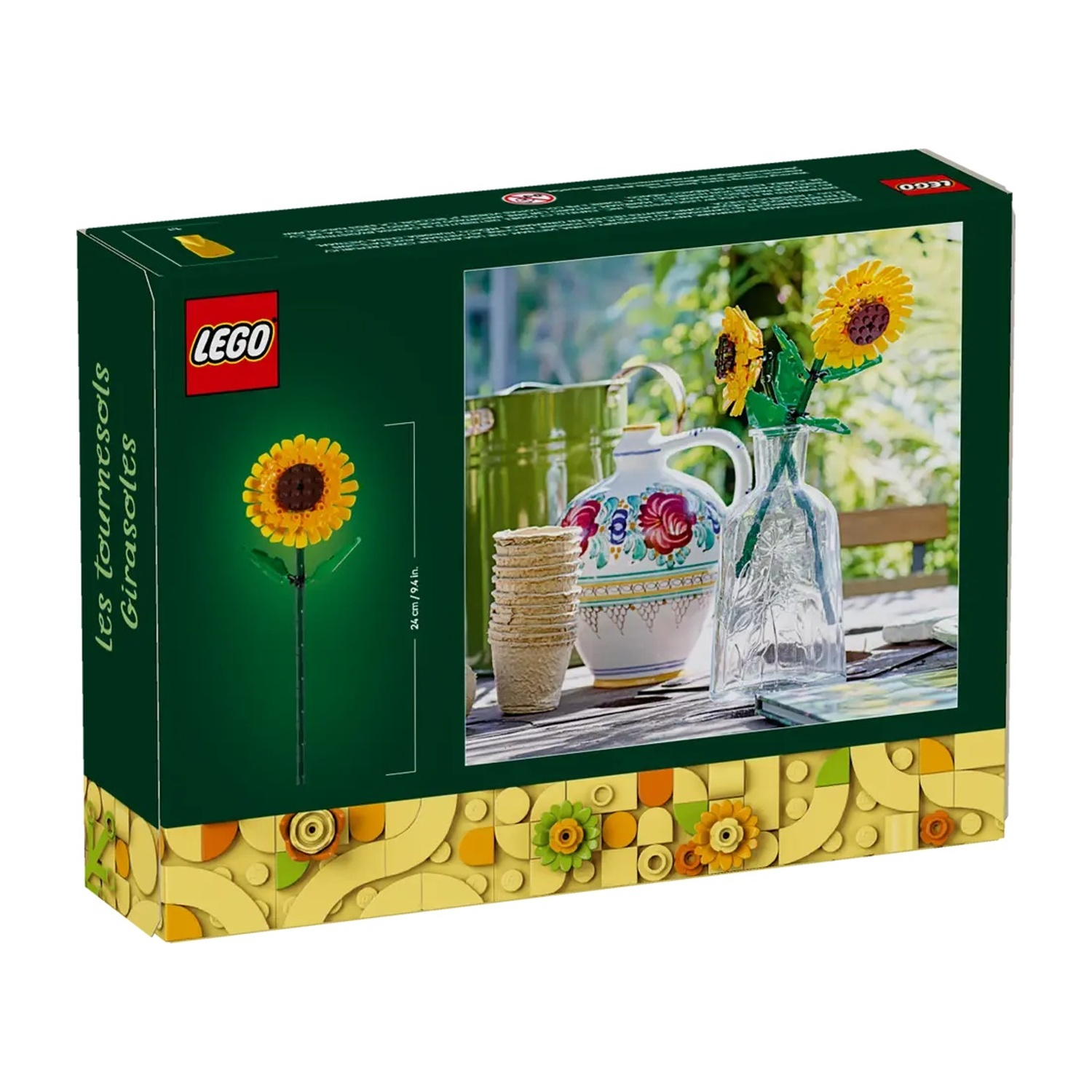 Set di girasoli LEGO su confezione verde scuro con disegno floreale.