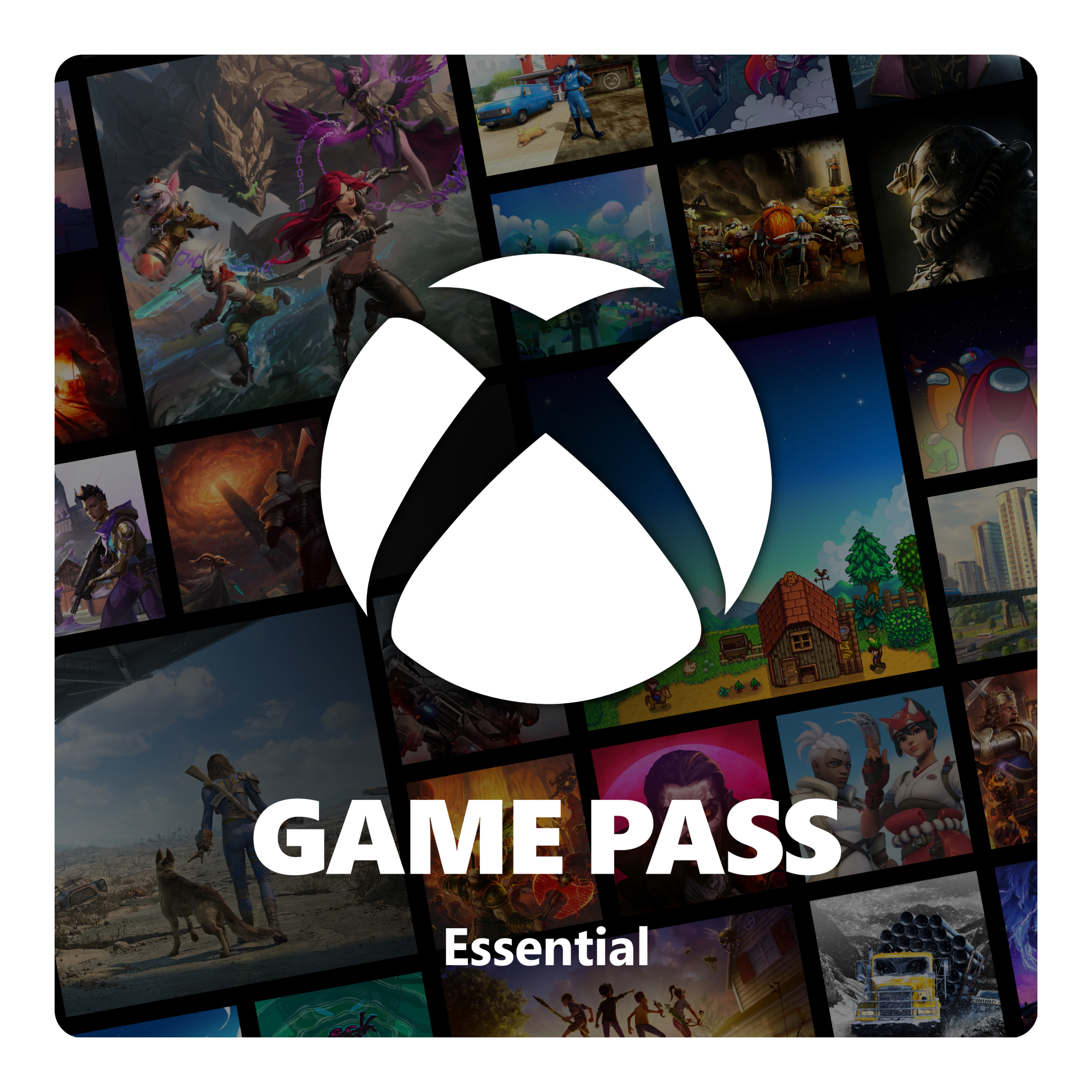 Xbox Game Pass Essential logo met spelafbeeldingen.