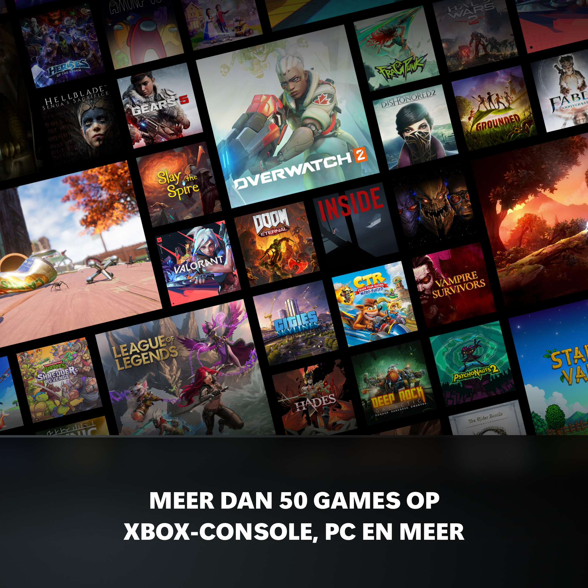 Collage van videogamedeckings, waaronder Overwatch 2, Gears 5 en League of Legends.