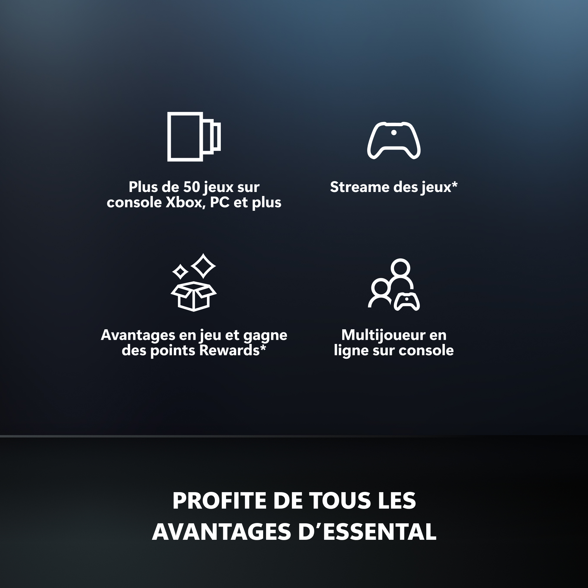 Icônes de jeux, streaming, récompenses et multijoueur.