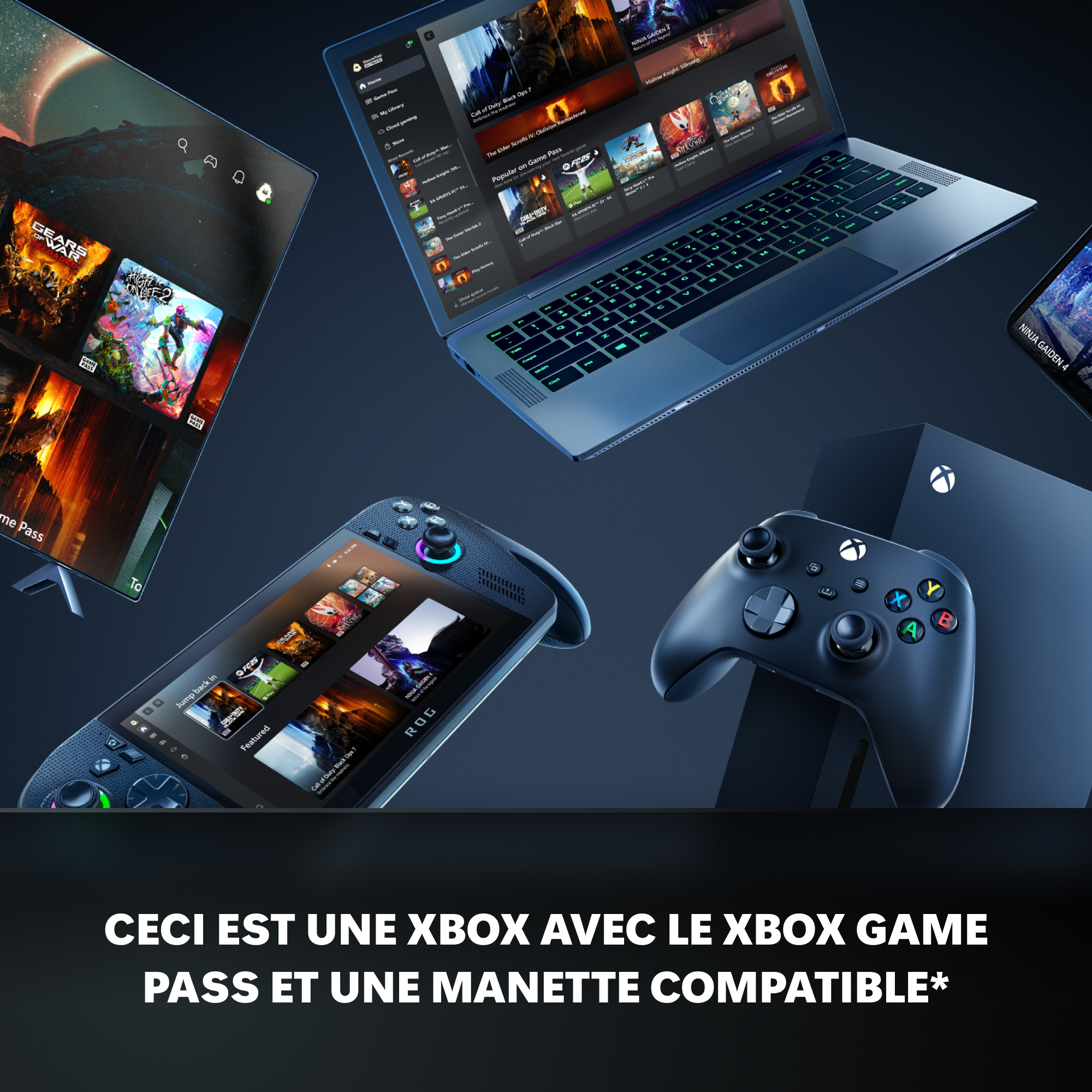 Xbox Series X avec manette, ordinateur portable et console portable, affichant des jeux.