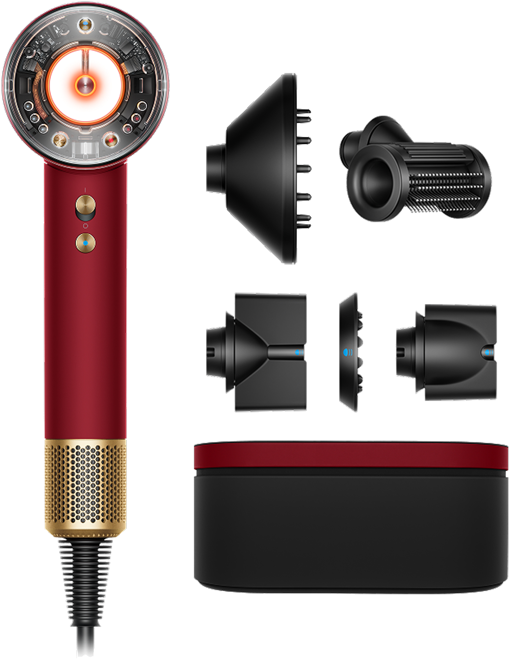 Ein roter Haartrockner mit Zubehör: Diffusor, Aufsatz und Aufbewahrungsbox.