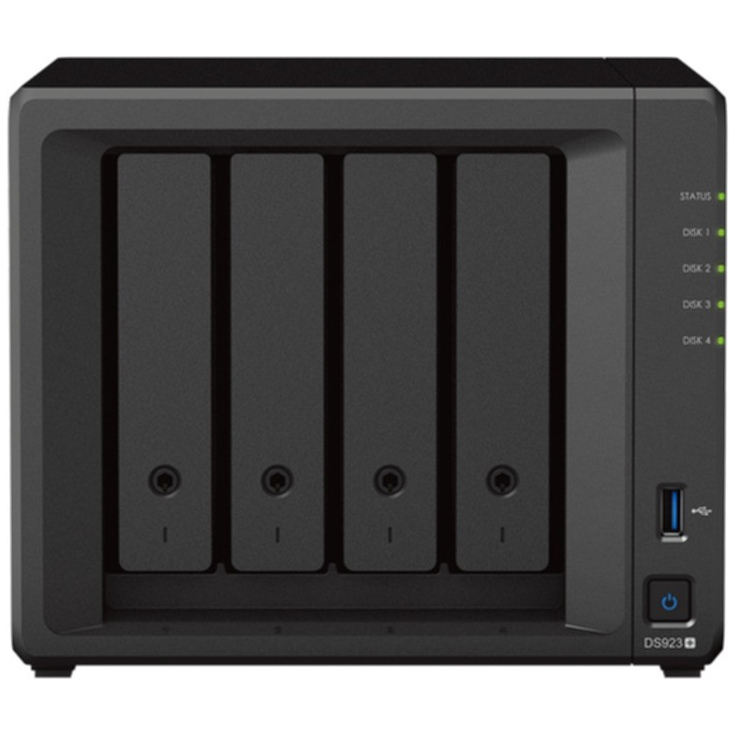 Black NAS with four drive bays, USB port, power button, and status lights.