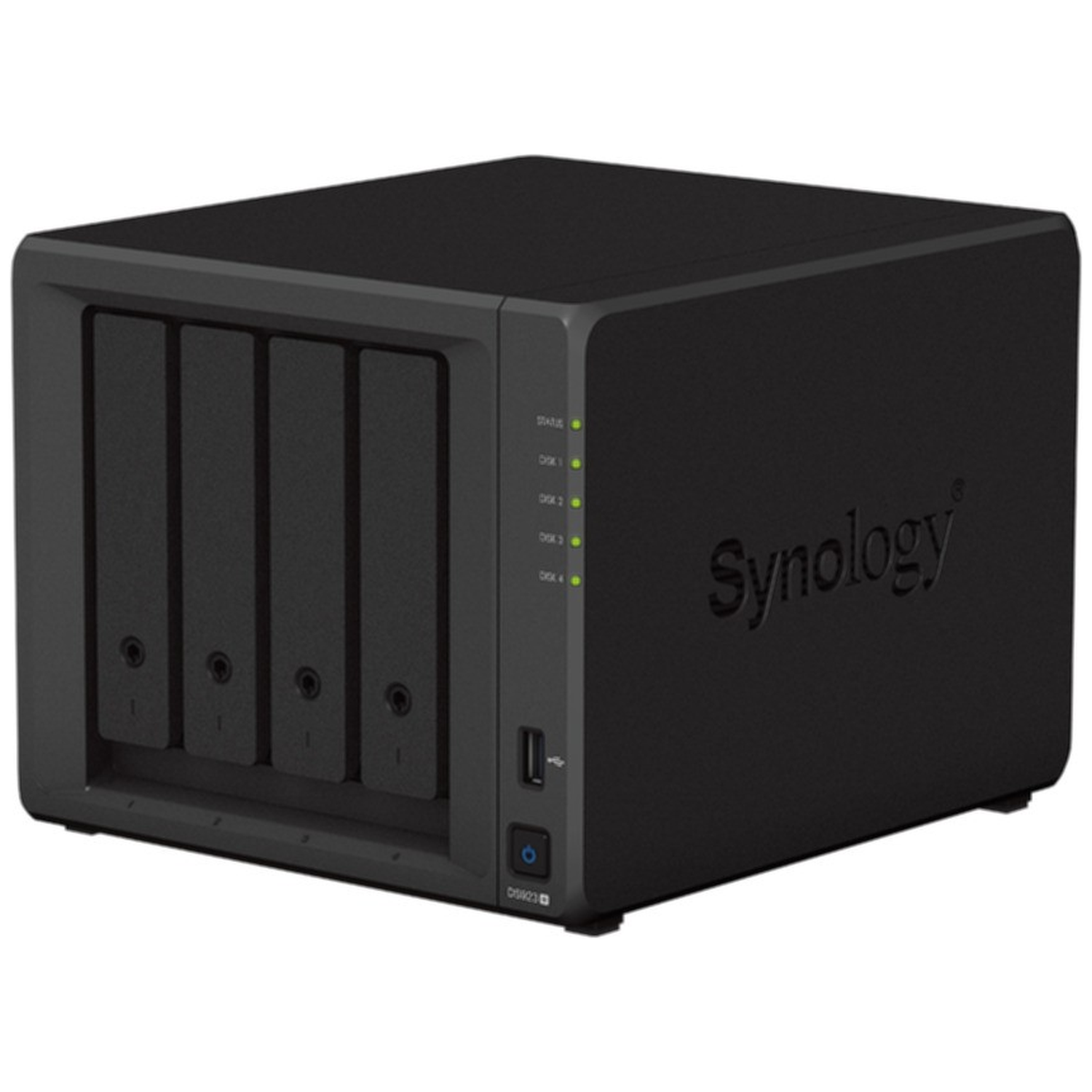 Black Synology NAS device with four drive bays and status lights.