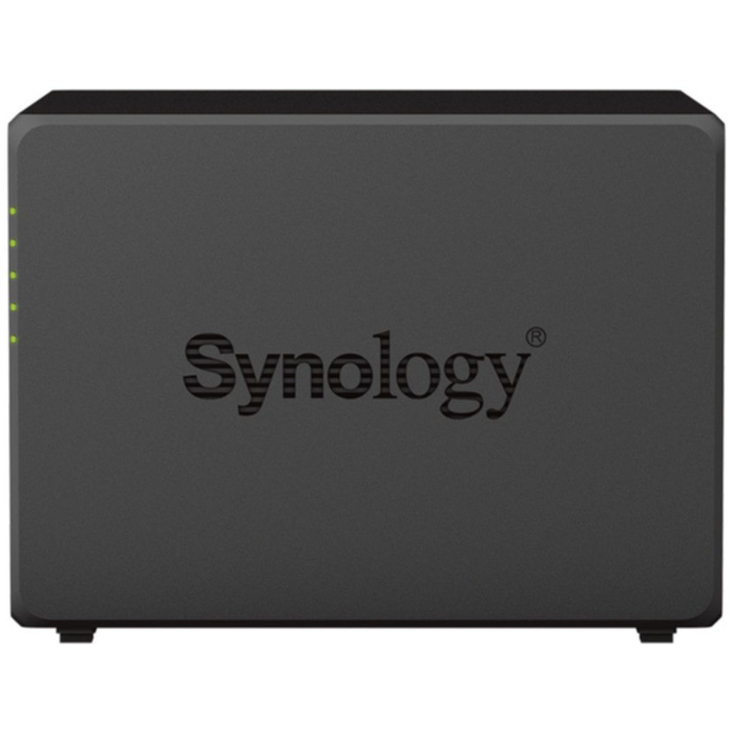 A black Synology NAS device with lights on the left side.