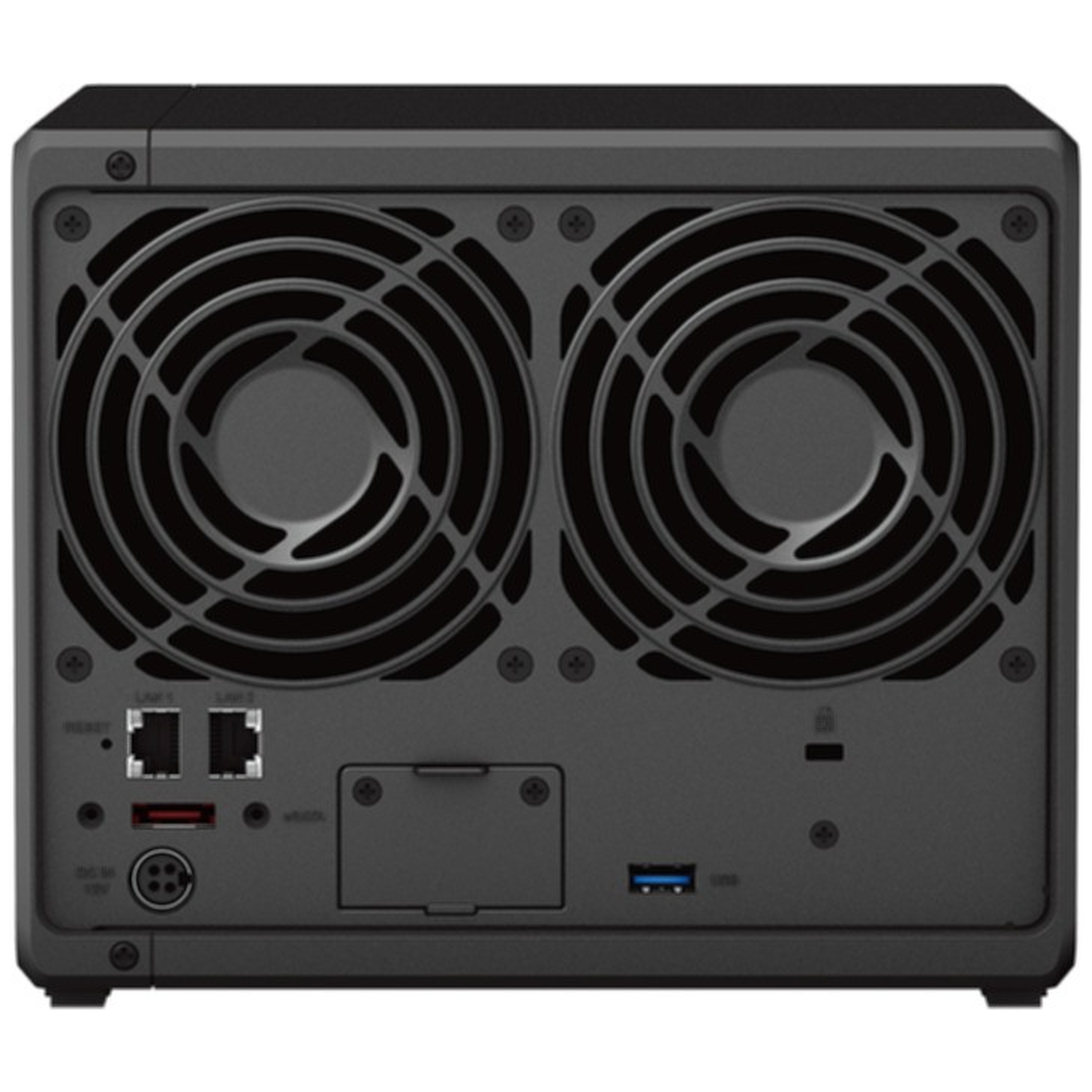 Back of a black NAS device with two fans, ports, and USB port.