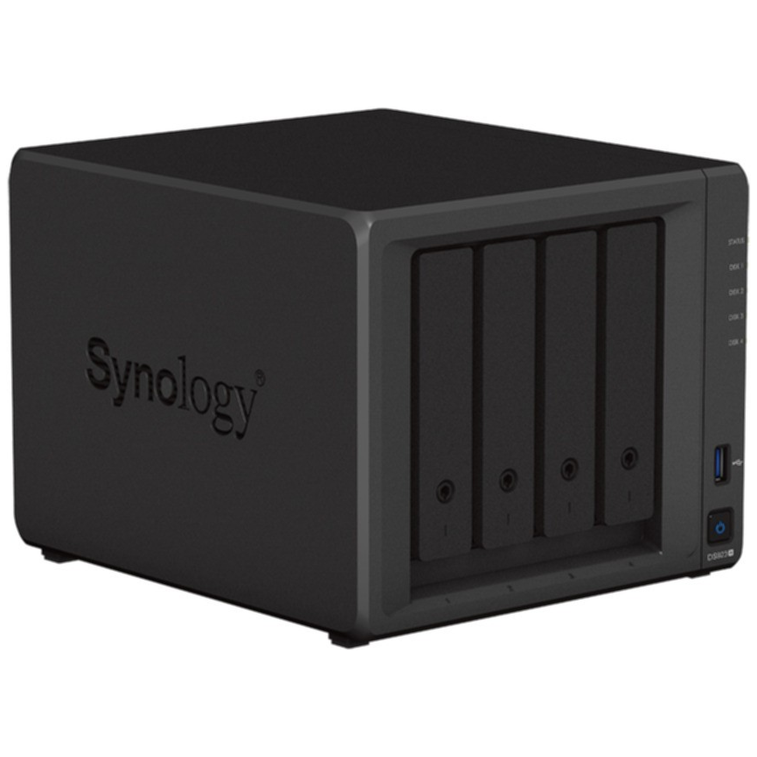 Black Synology NAS with four drive bays and front air vents.