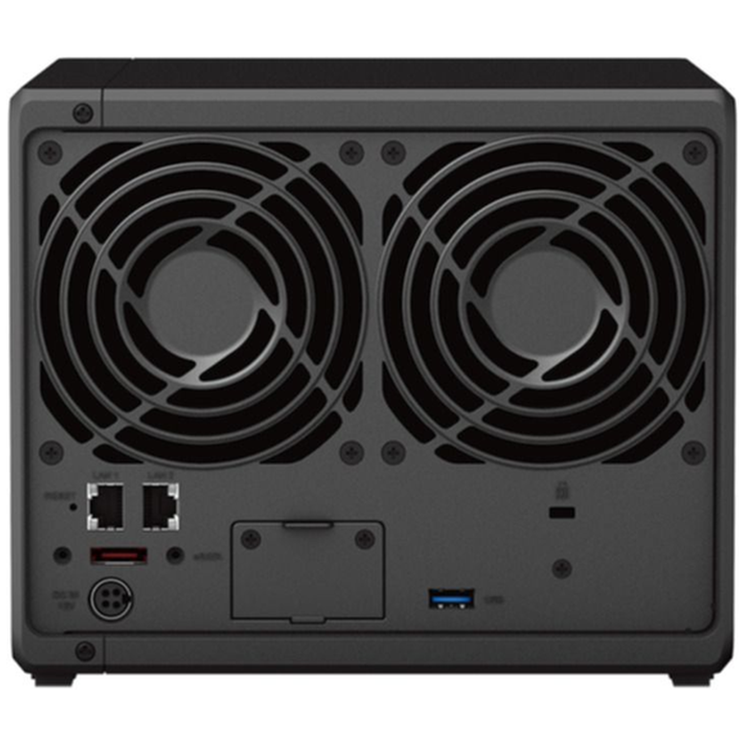 Back of a black NAS device with two fans, ports, and USB.